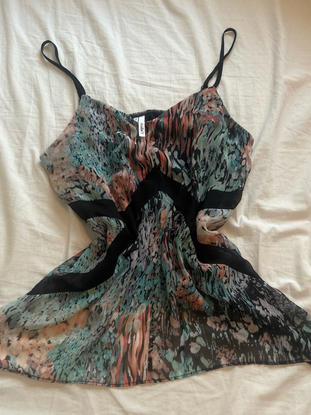 Studio Y Multicolor Printed Spaghetti-Strap Cami in Teal, Coral & Black